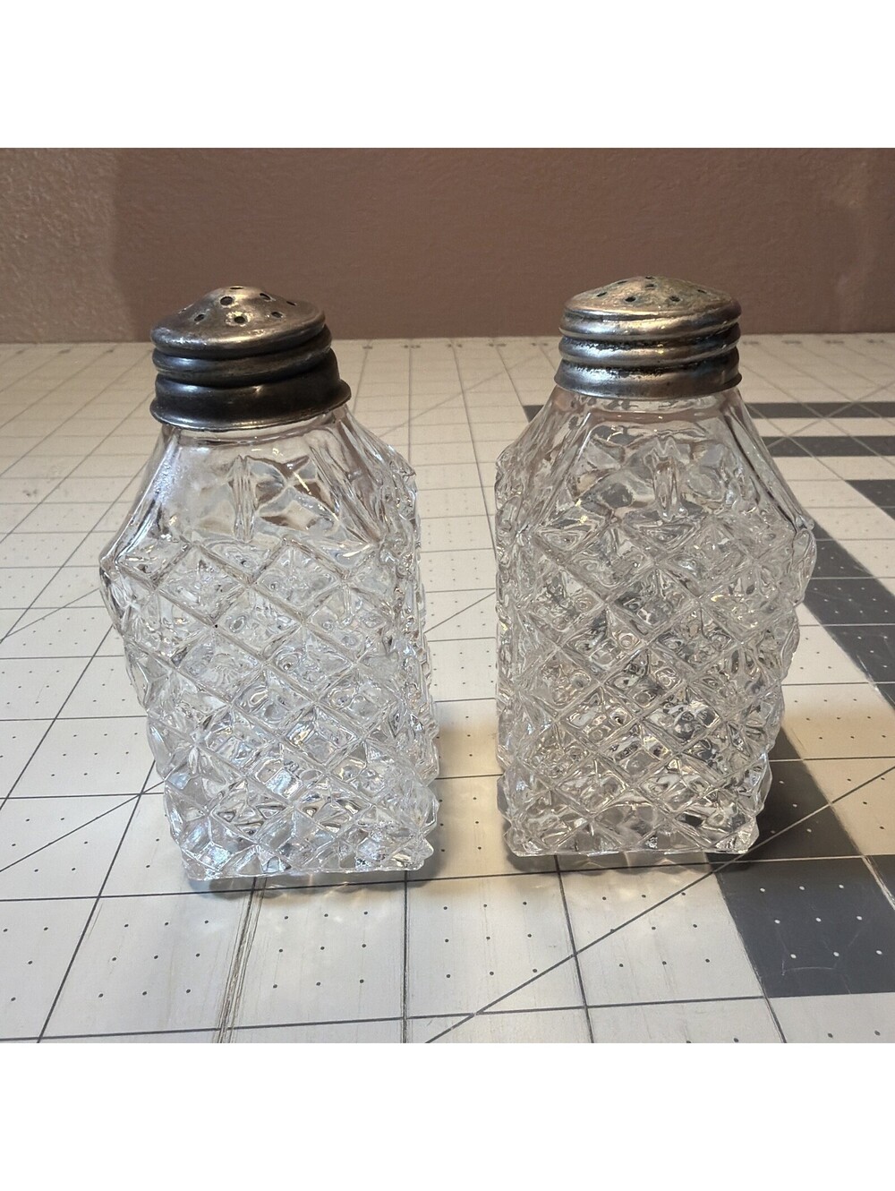 Vintage Cut Diamond Shape Glass Salt And Pepper Shakers